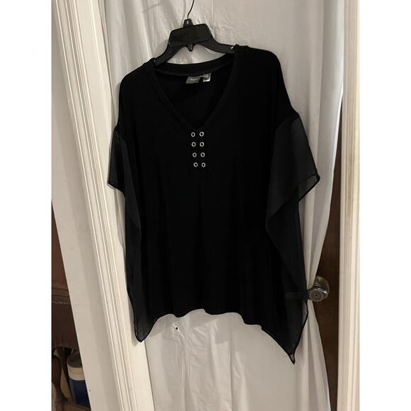 Chicos Travelers Black Boxy Sheer Chiffon Trim Sz 3/xl Wrinkle Free - Picture 1 of 7